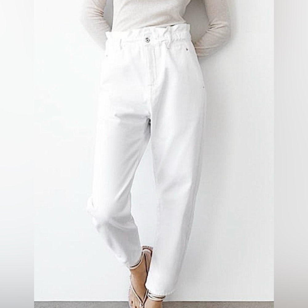 Zara paper bag baggy white denim jeans pants
